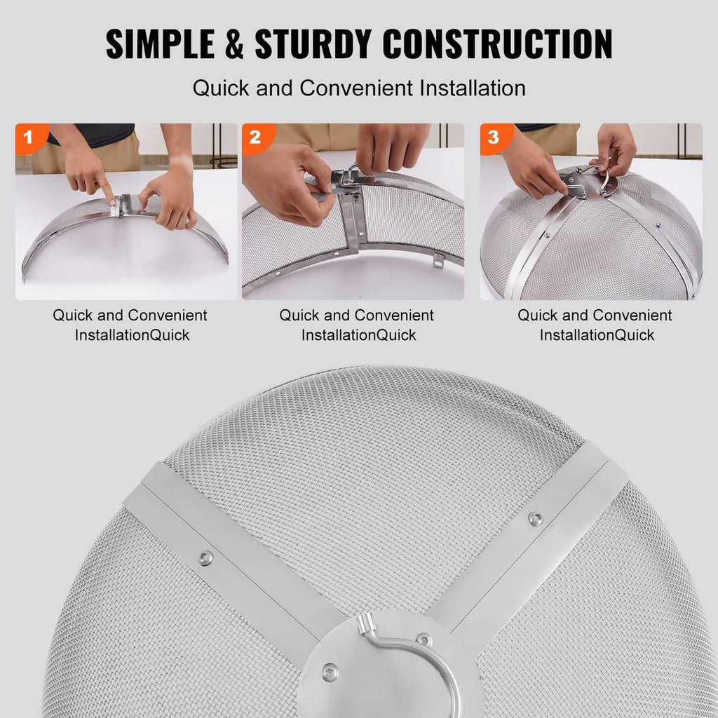 Round stainless spark screen lid with mesh dome and cross-brace mounting straps