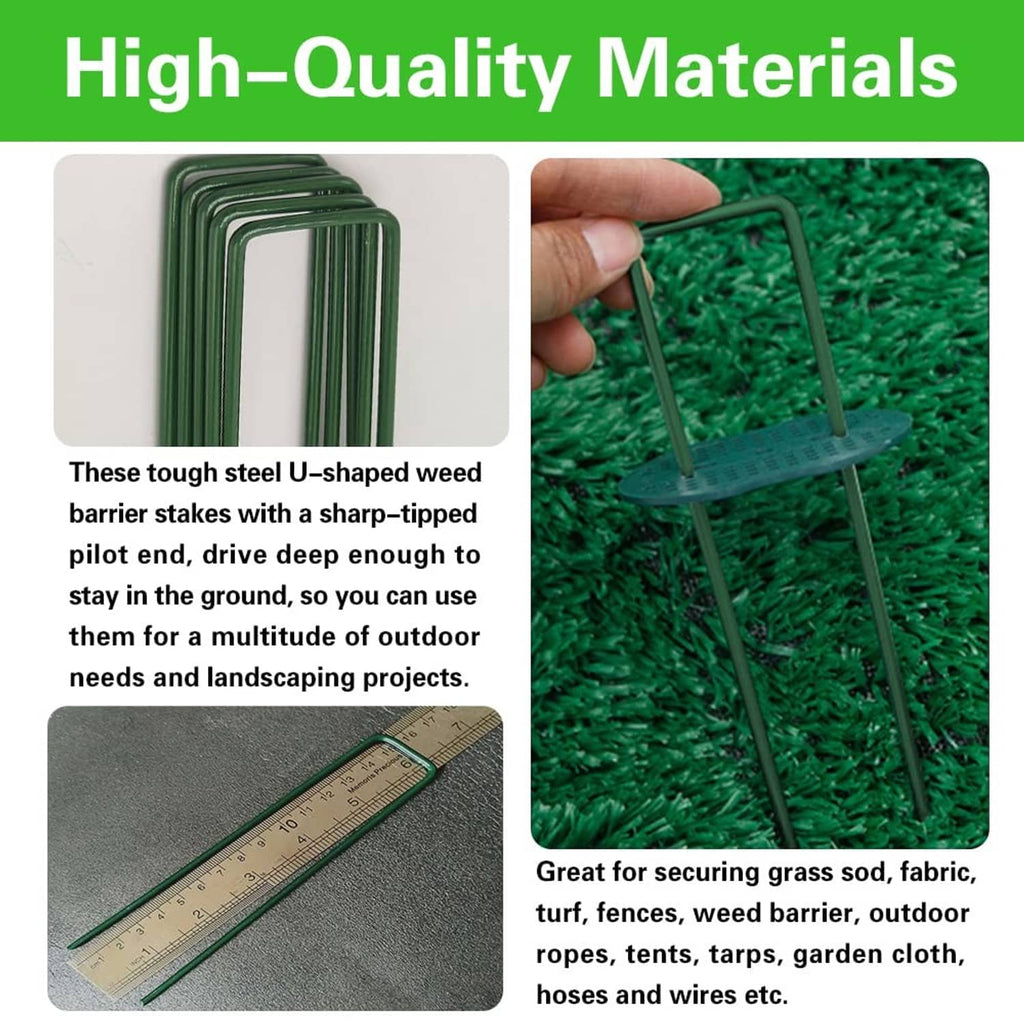 Green steel U-shaped turf staple stakes with perforated washer heads