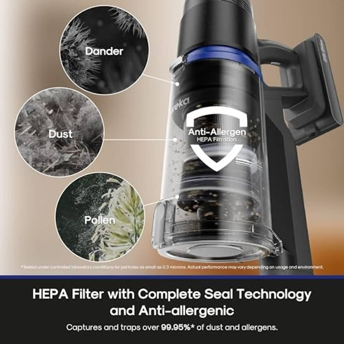 Black cordless vacuum canister with blue ring and transparent dust chamber