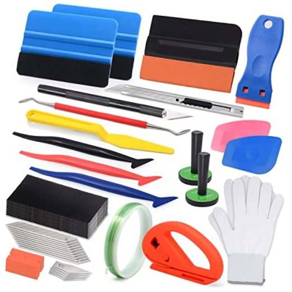 Window tint vinyl wrap tool kit with foam squeegees, blades, tape, and gloves