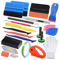 Window tint vinyl wrap tool kit with foam squeegees, blades, tape, and gloves