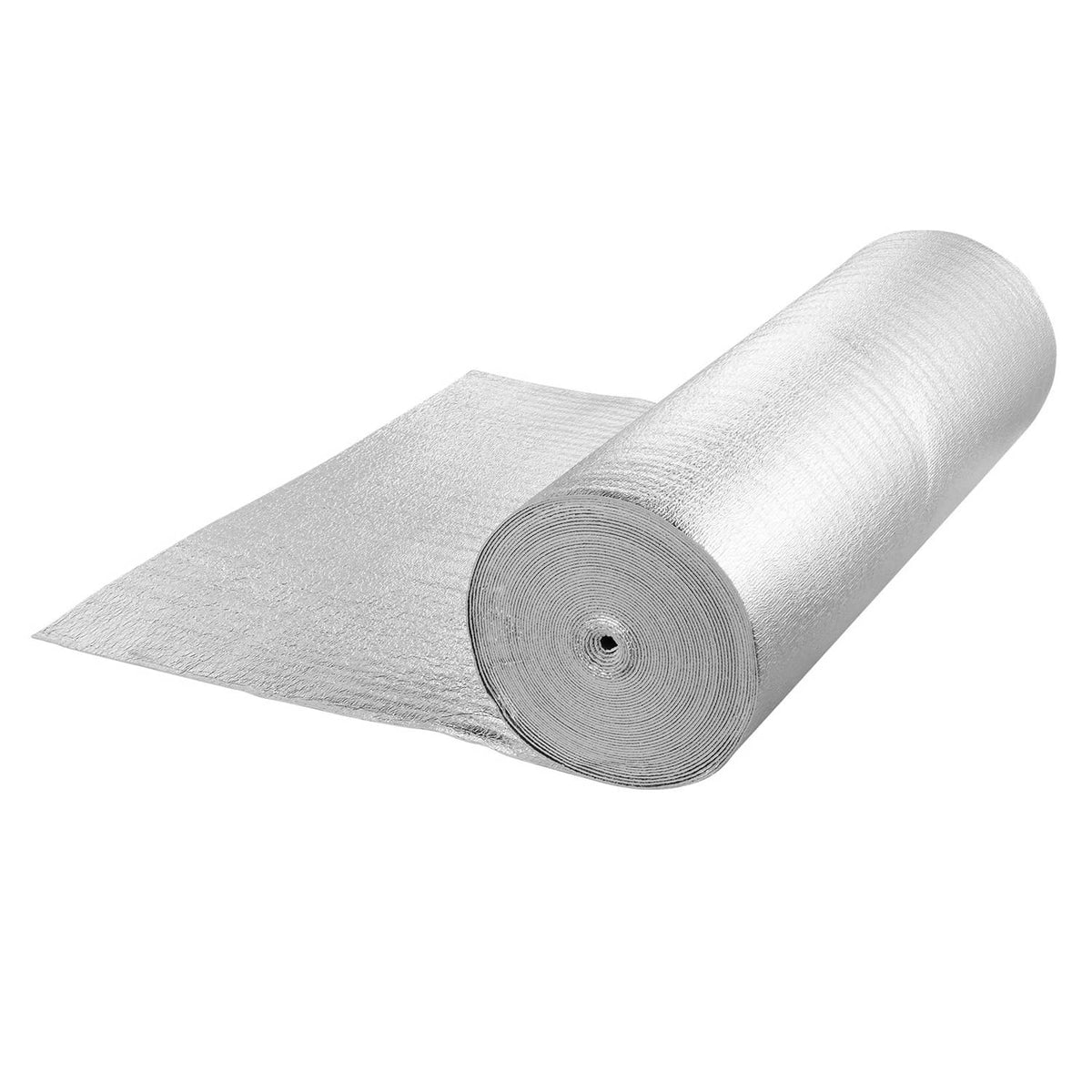 Silver radiant barrier foam roll laid flat, showing outer reflective texture
