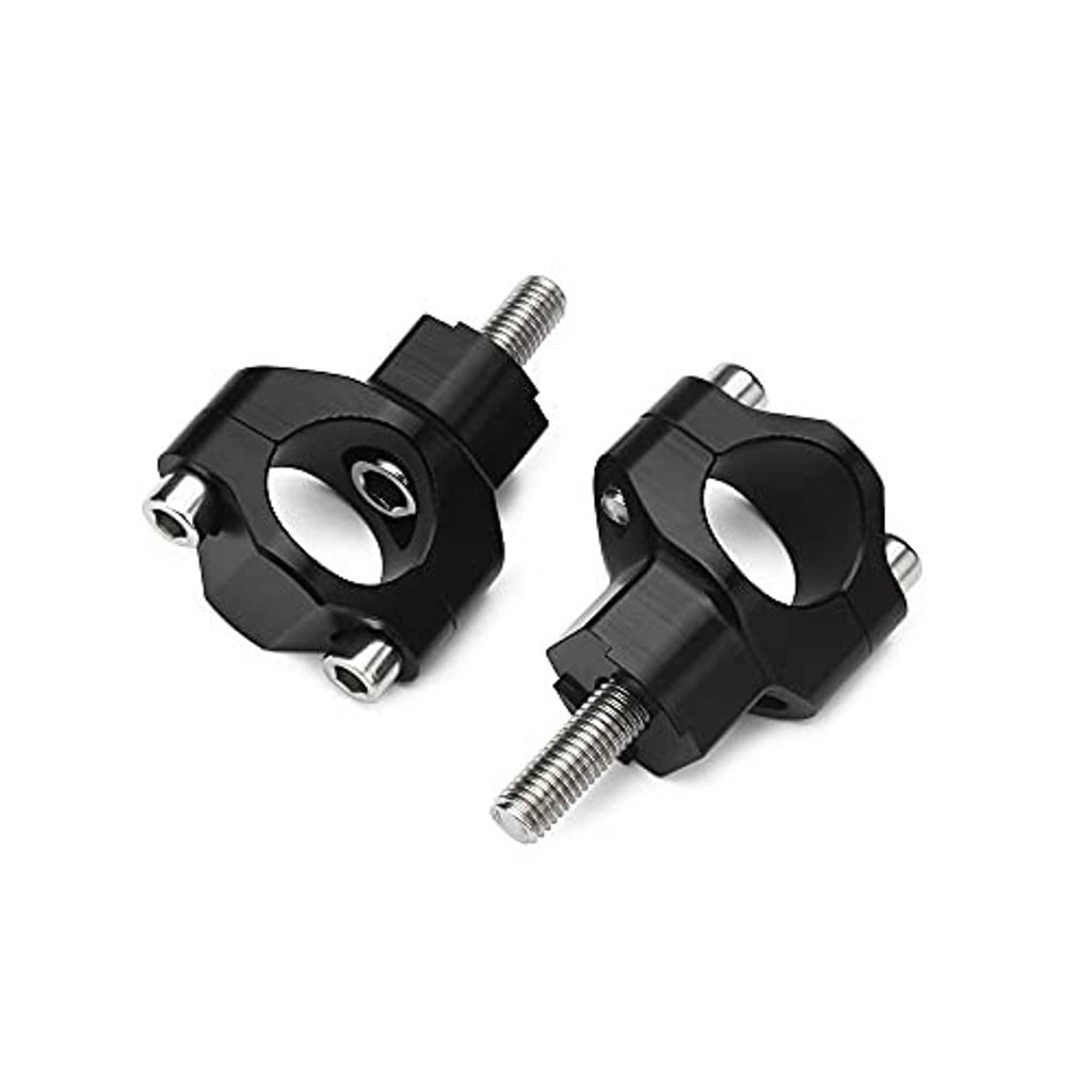 Black handlebar riser clamp pair with oval mounting holes and threaded screws