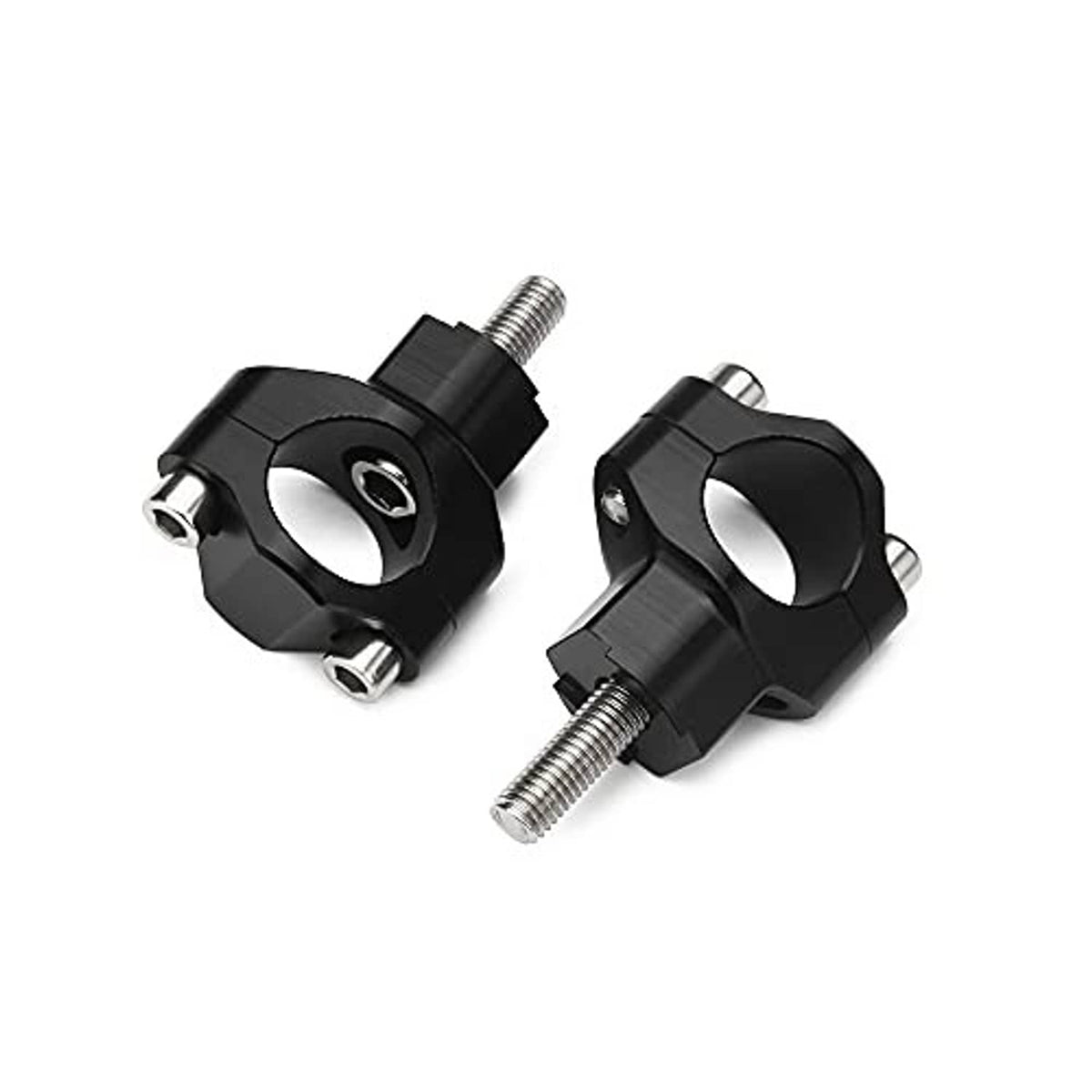 Black handlebar riser clamp pair with oval mounting holes and threaded screws