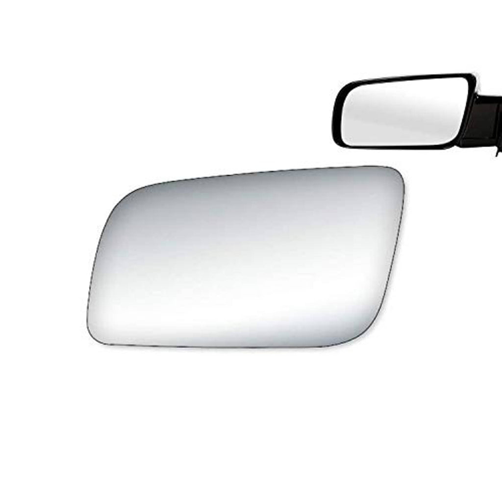 Driver-side mirror glass with silver reflective surface and black mounting housing