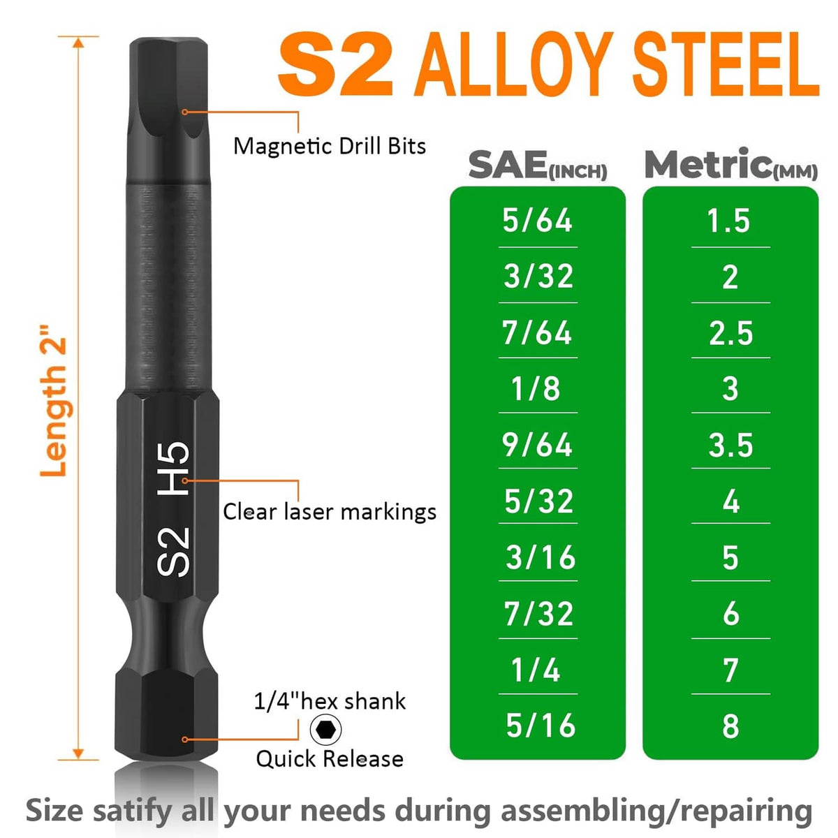 S2 alloy steel hex-head drill bit with 1/4" hex shank