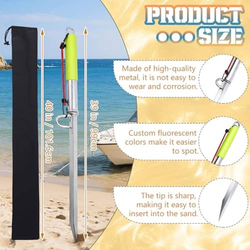 39-inch sand spike boat anchor with neon green handle, silver pole, black cover pouch.