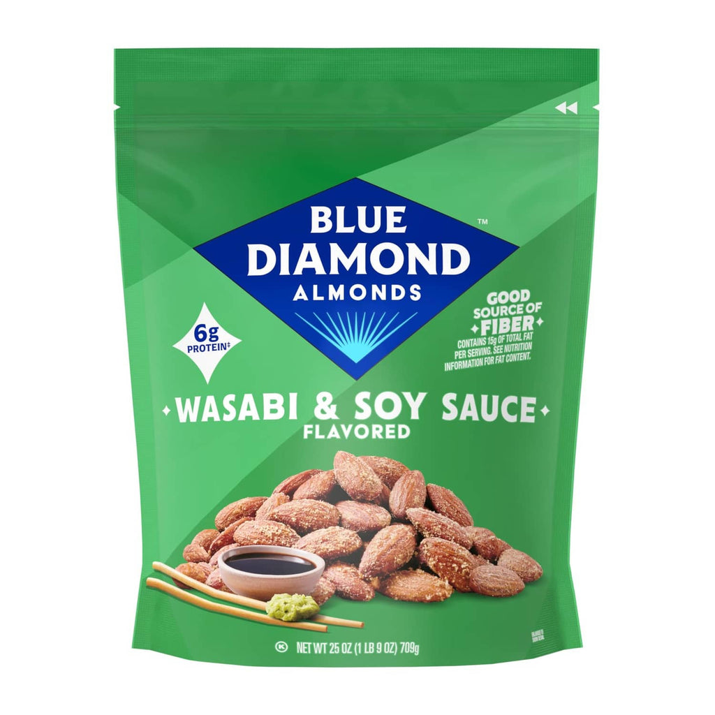 Front bag of wasabi & soy sauce flavored Blue Diamond almond snack nuts