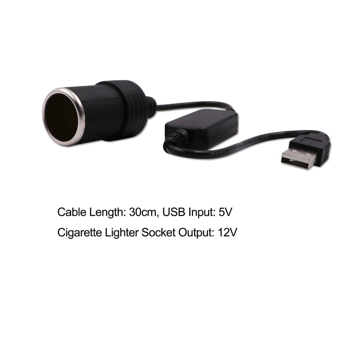Black USB-A to 12V car lighter converter cable with cigarette socket end and USB-A plug