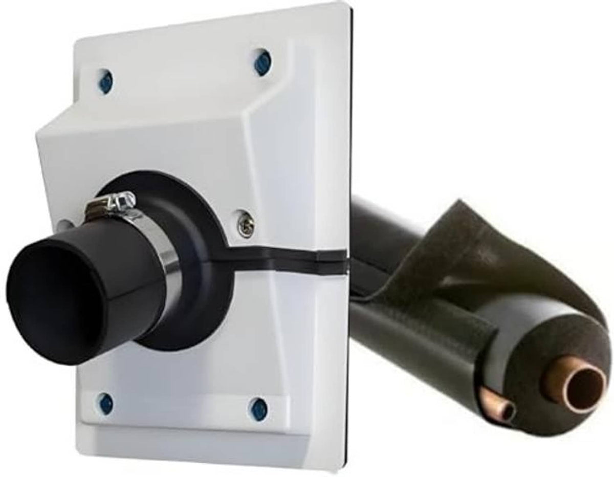 White HVAC wall penetration cover plate with black connector sleeve and insulated line