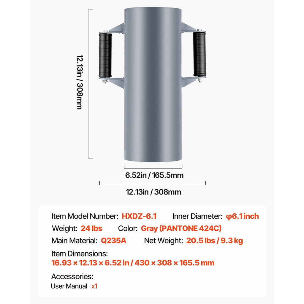 Gray manual fence post driver rammer with two ribbed handles and measured dimensions