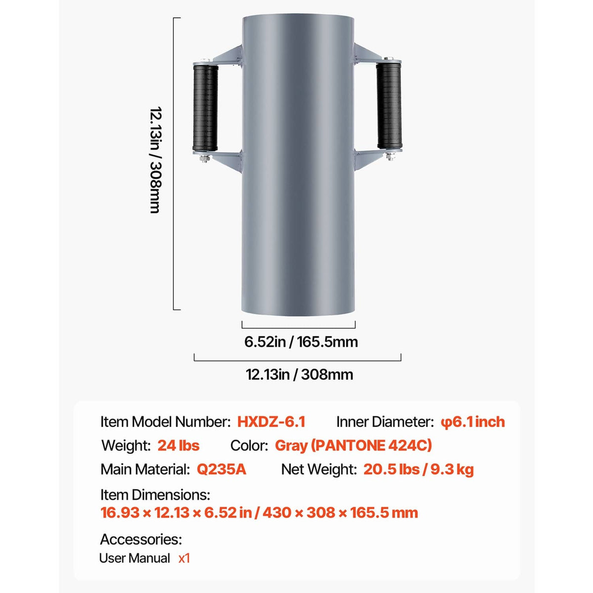 Gray manual fence post driver rammer with two ribbed handles and measured dimensions