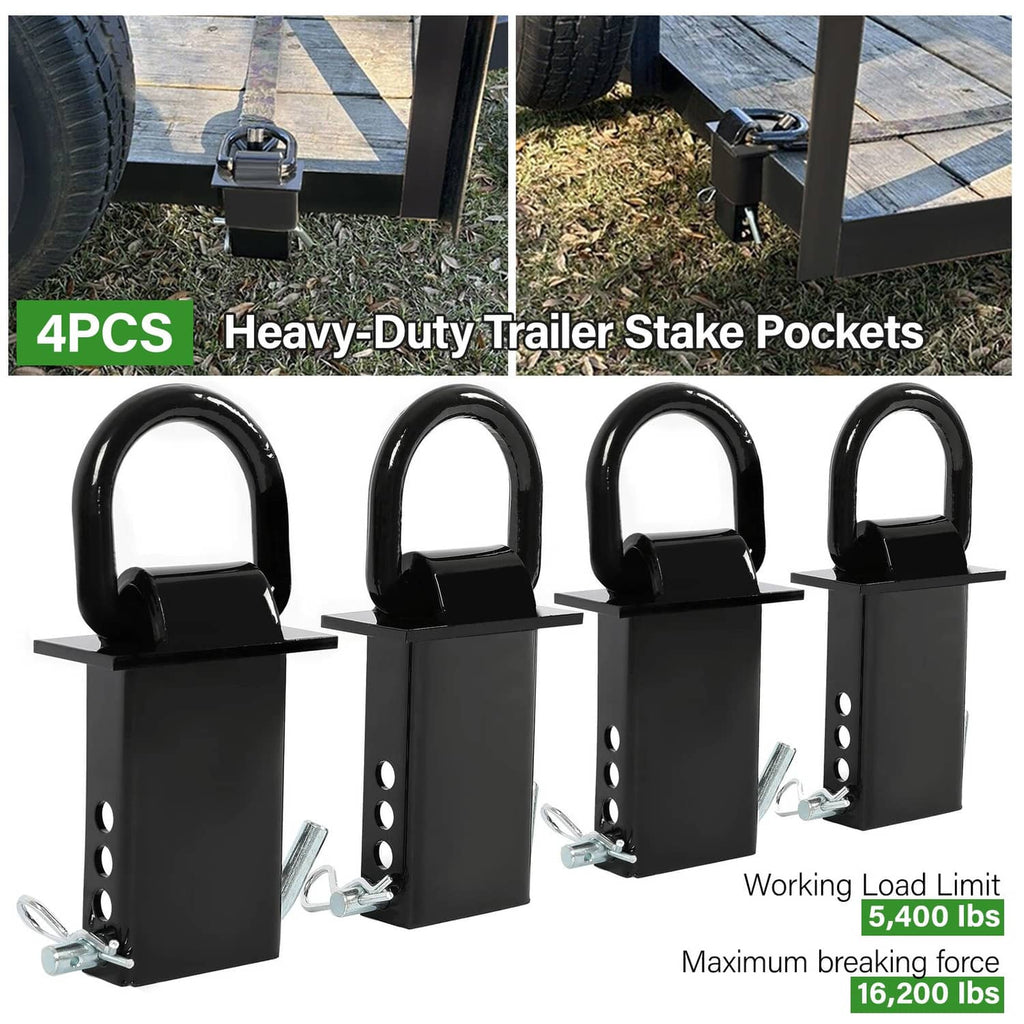 Set of four black trailer stake pocket D-ring tie-downs with mounting pins and brackets