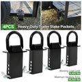 Set of four black trailer stake pocket D-ring tie-downs with mounting pins and brackets