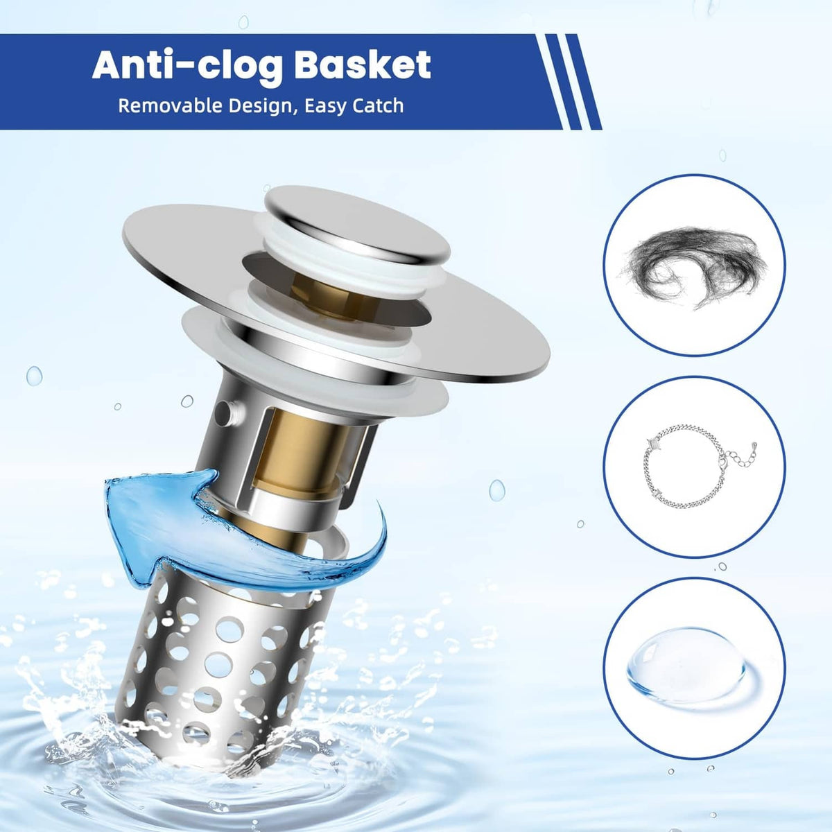 Chrome bathroom sink drain strainer with mesh basket and central stopper ring