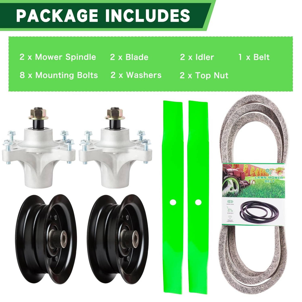 42-inch mower deck rebuild kit contents: 2 spindles, 2 blades, 2 idlers, 1 belt