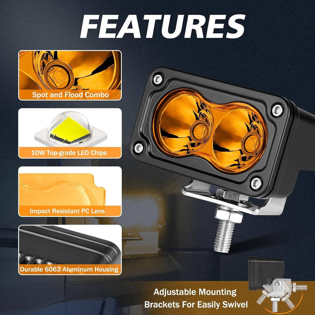 Amber LED pod spotlight with black housing and adjustable mounting bracket