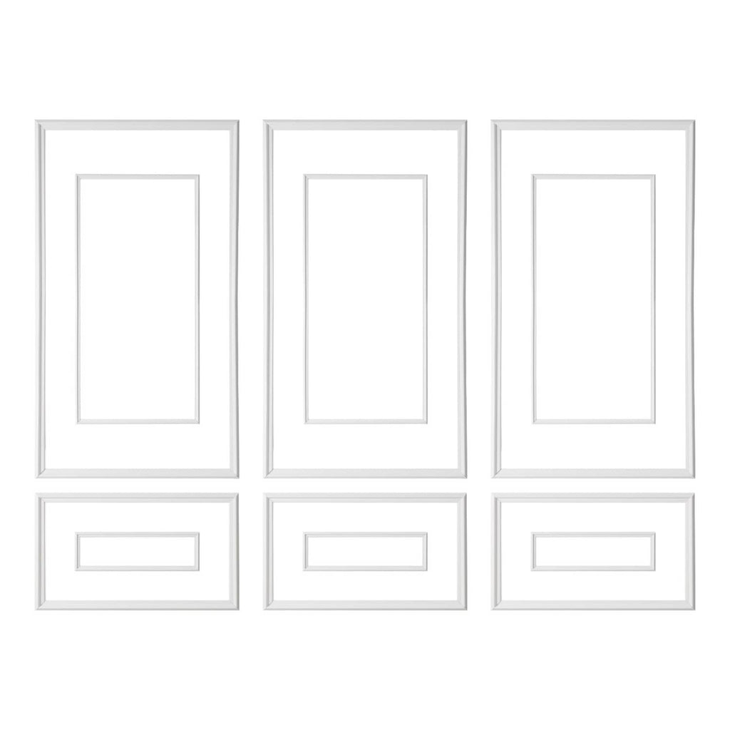 Wall molding panels, white square and rectangular inset trim pieces in 3-pack layout