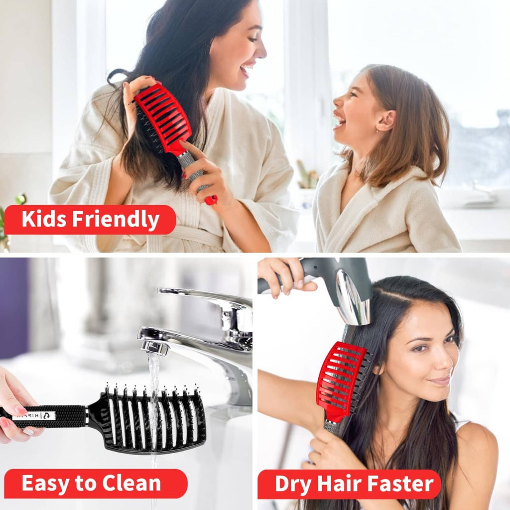 Two detangling hair brushes with red and black bristle pads and handles