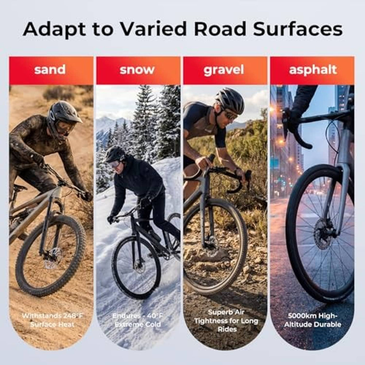 Bike inner tube shown across multiple road settings, on road tires