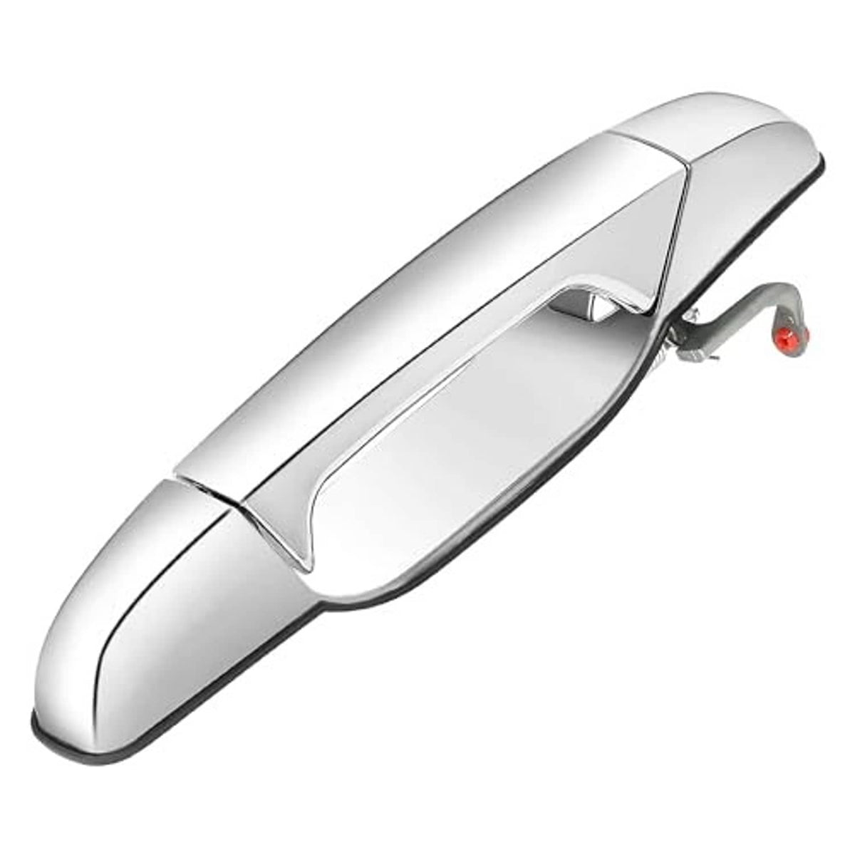Exterior chrome door handle with curved silver finish and red release on front right