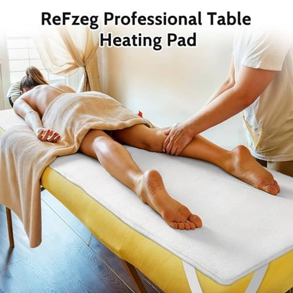 Massage table heating pad blanket with yellow heating panel on a white massage table