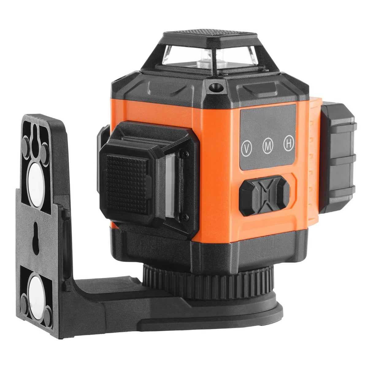 Orange and black cross-line laser level with magnetic bracket attachment