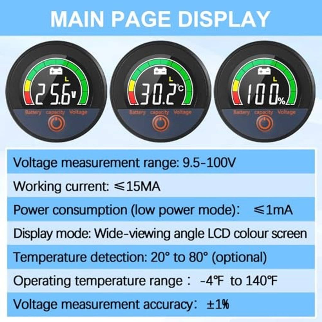 Round LCD battery monitor with multiple main-page display readings on screen, black casing
