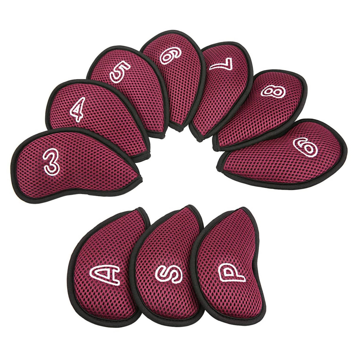 Wine red numbered golf iron head covers, right-hand mesh set, irons 3–8 shown