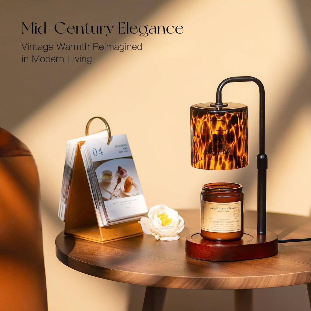 Candle warmer lamp with amber tortoise-shell glass holder on a round wooden base