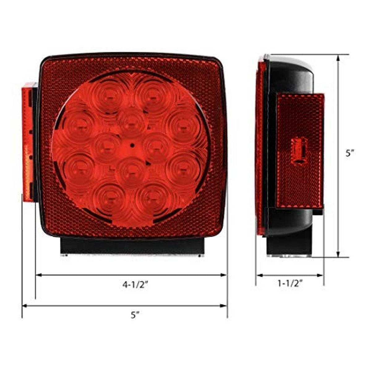 Square red LED trailer tail light with circular LED array, black housing and side brackets