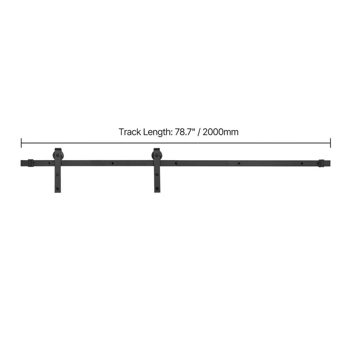 Black sliding barn door track rail with two mounting plates and roller hangers