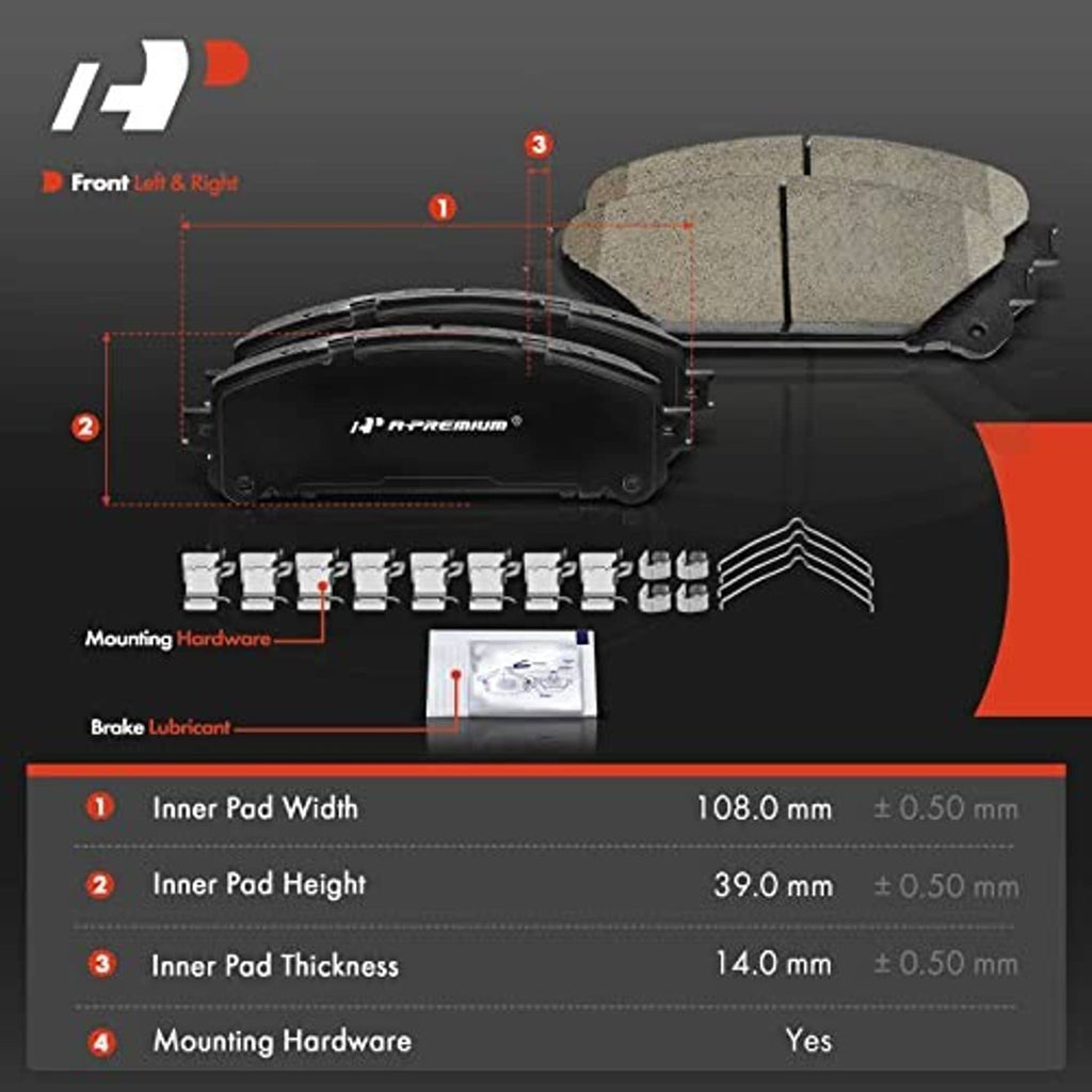 Front brake pad set diagram with two pads, mounting hardware, and lubricant packet