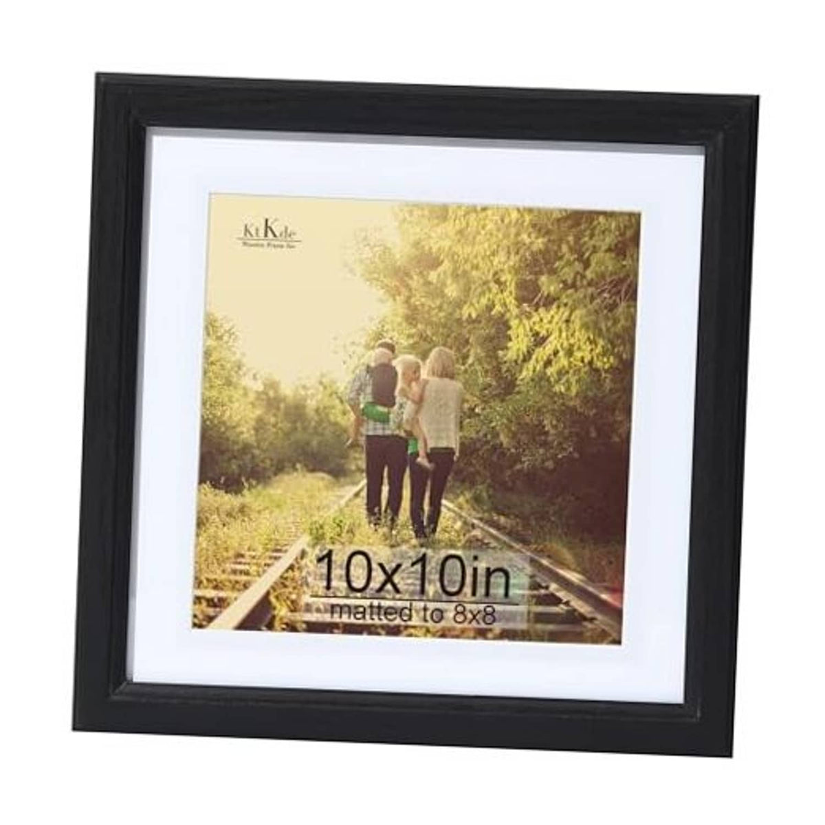Black woodgrain square picture frame with white mat, tempered glass, photo insert