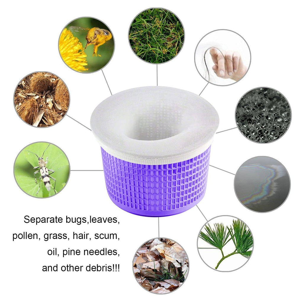 White pool skimmer sock filter with purple mesh basket for trapping pool debris