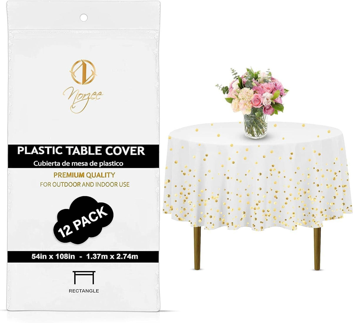 Monree round plastic tablecloth pack, white with gold confetti pattern, 12 pcs