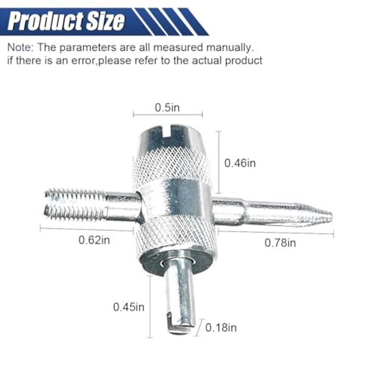 4-way valve core tool with knurled metal grip and valve stem tool head