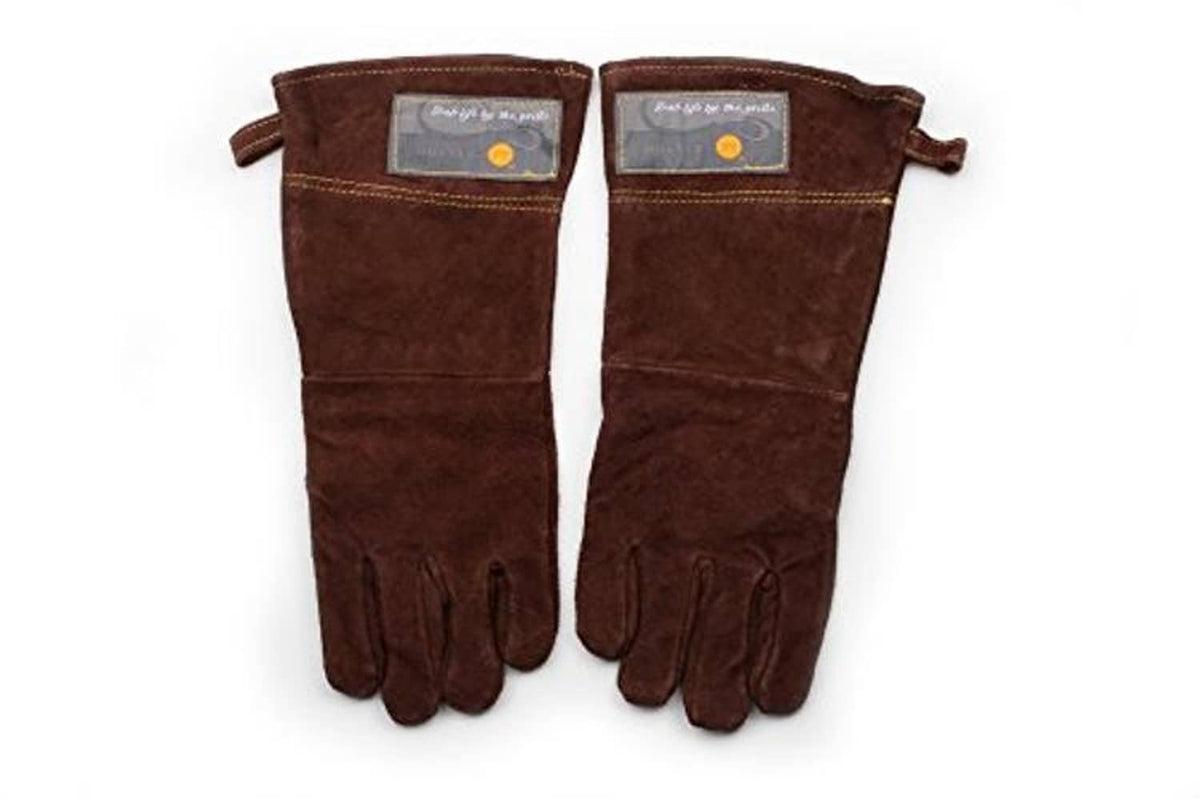 Pair of brown leather grill gloves with cuff patches and five-finger palms