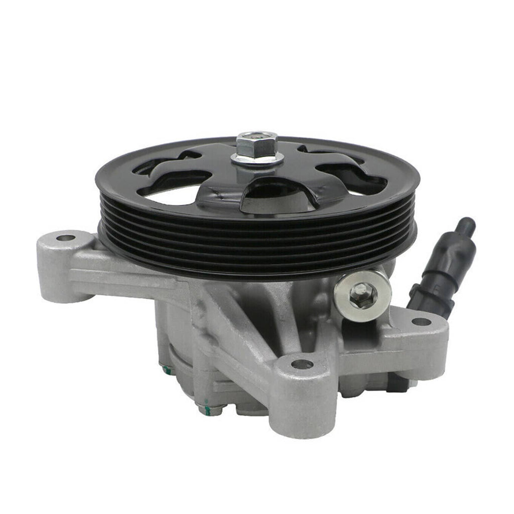 Power steering pump with black pulley and gray casing, front mounting bracket visible
