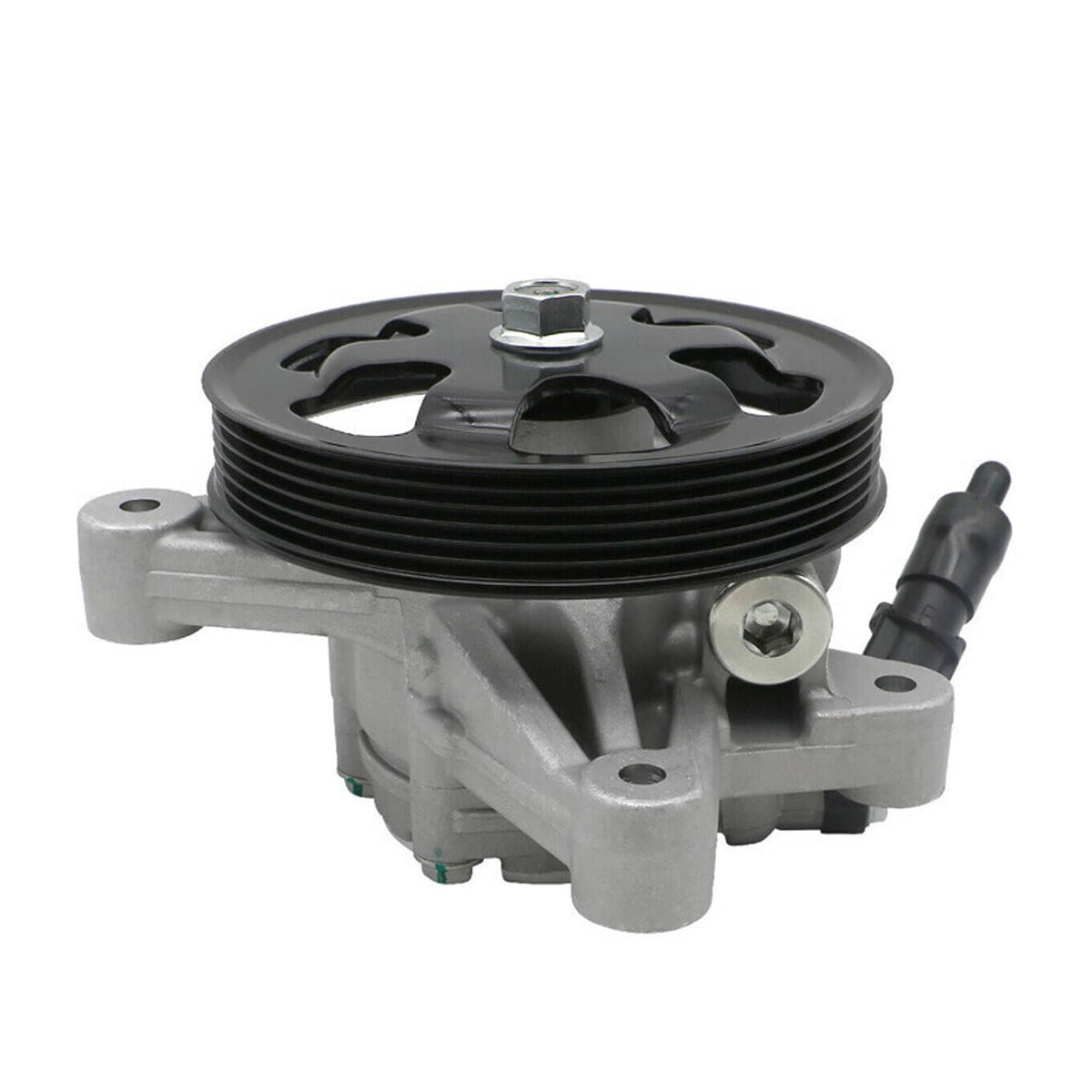 Power steering pump with black pulley and gray casing, front mounting bracket visible
