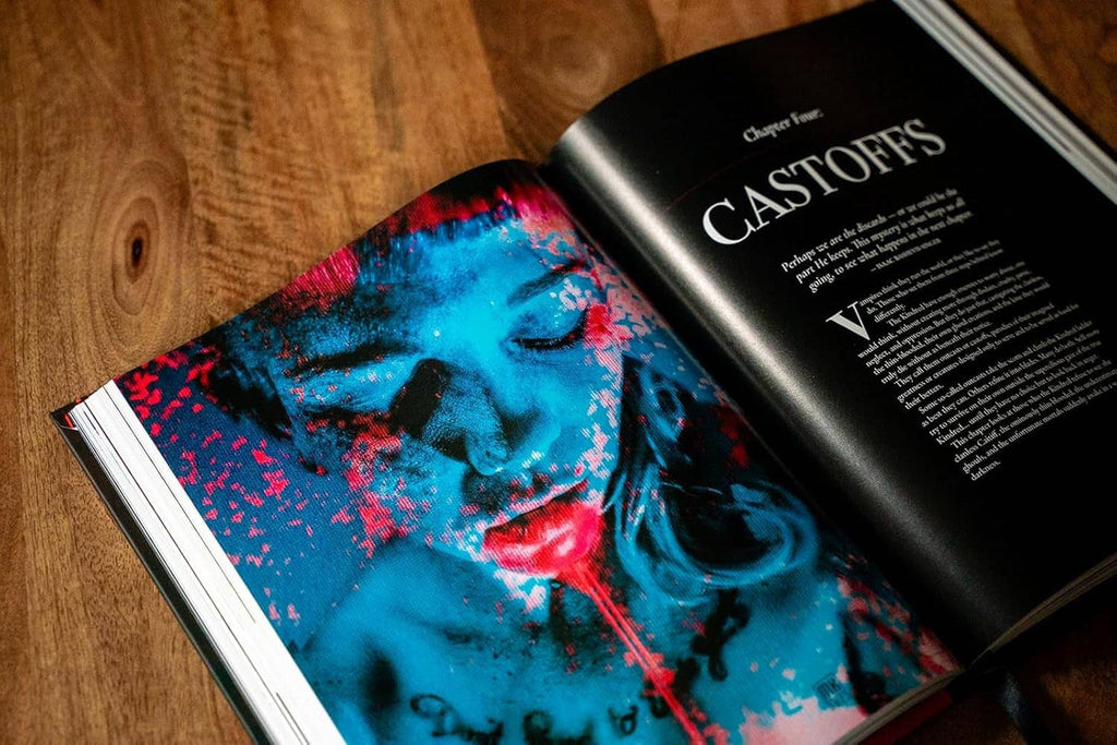Open hardcover Players Guide showing blue character artwork on the left page