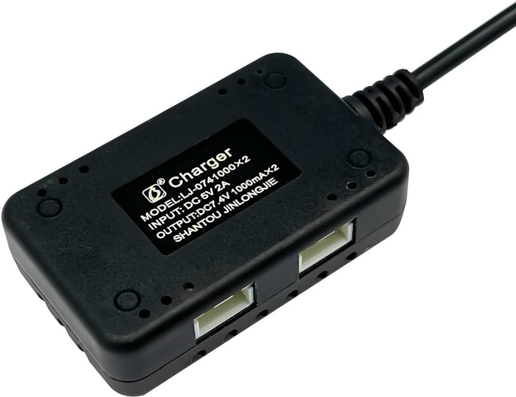 2-in-1 LiPo battery charger unit showing label and two front ports