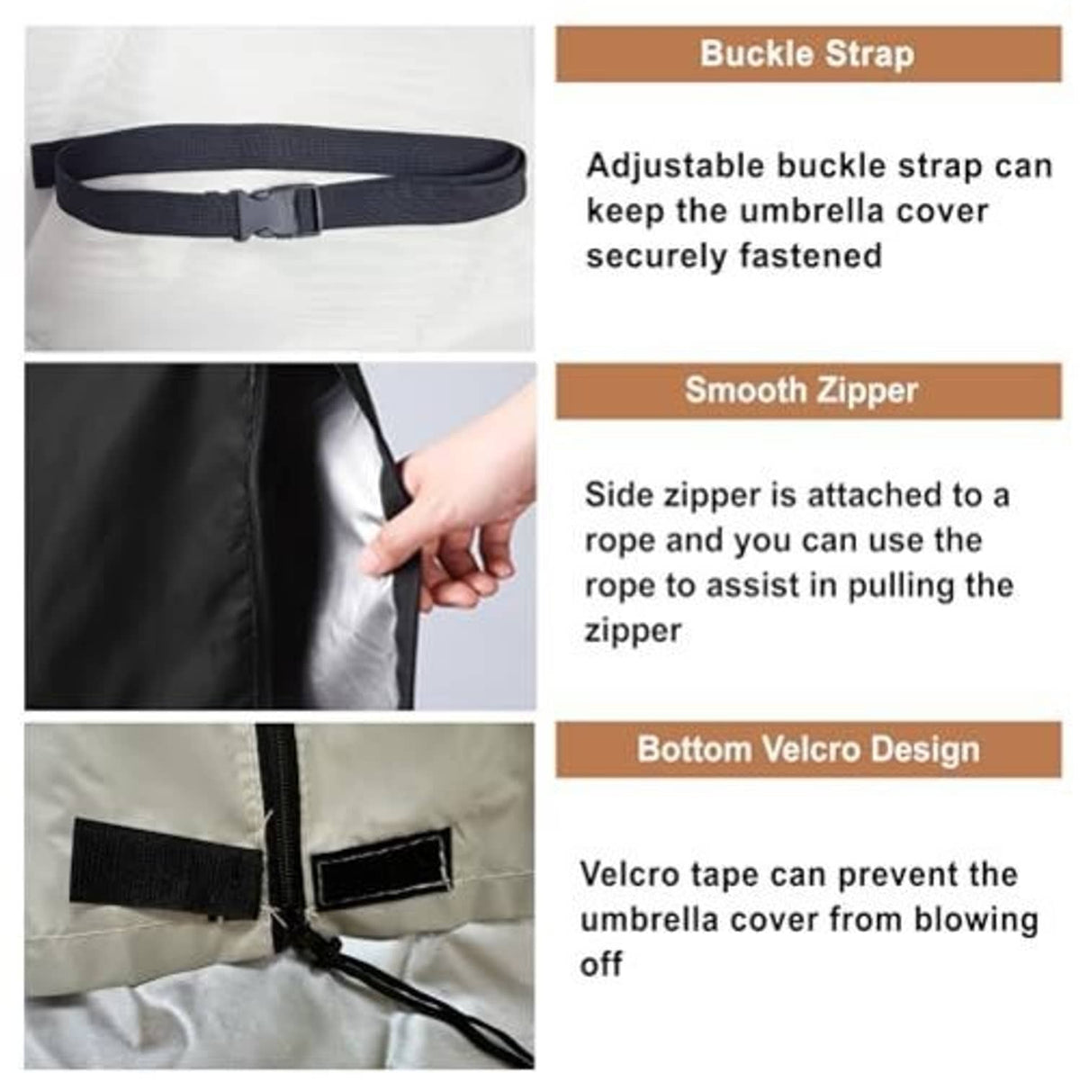 Beige umbrella cover with adjustable buckle strap, side zipper, and bottom velcro.