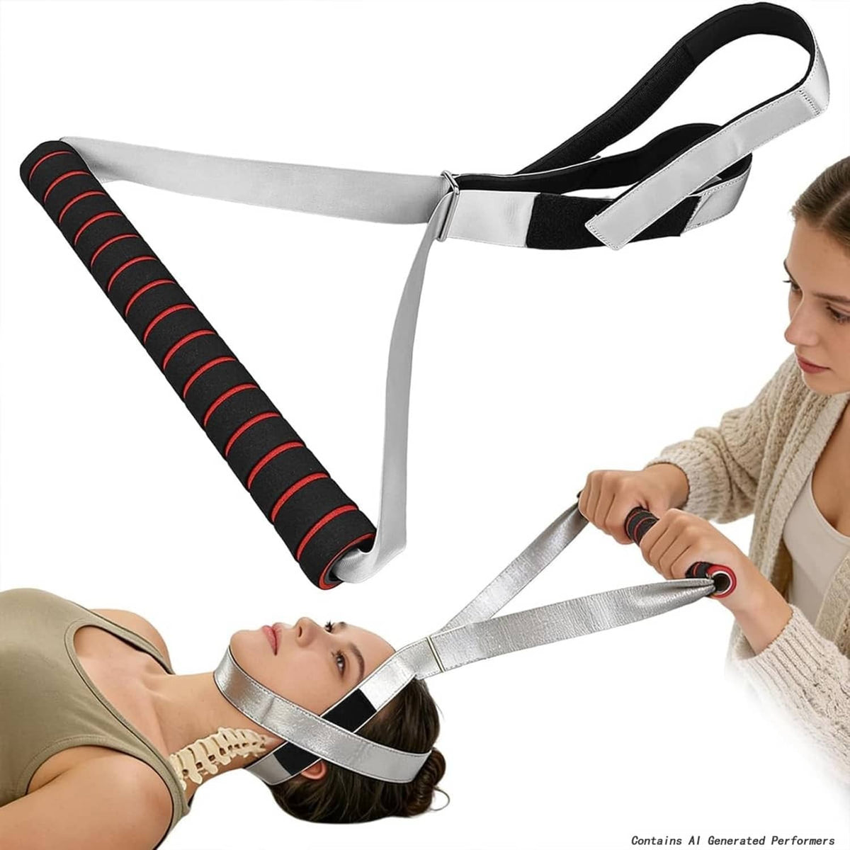 Neck traction Y-strap device with silver straps and black head pad, shown in use