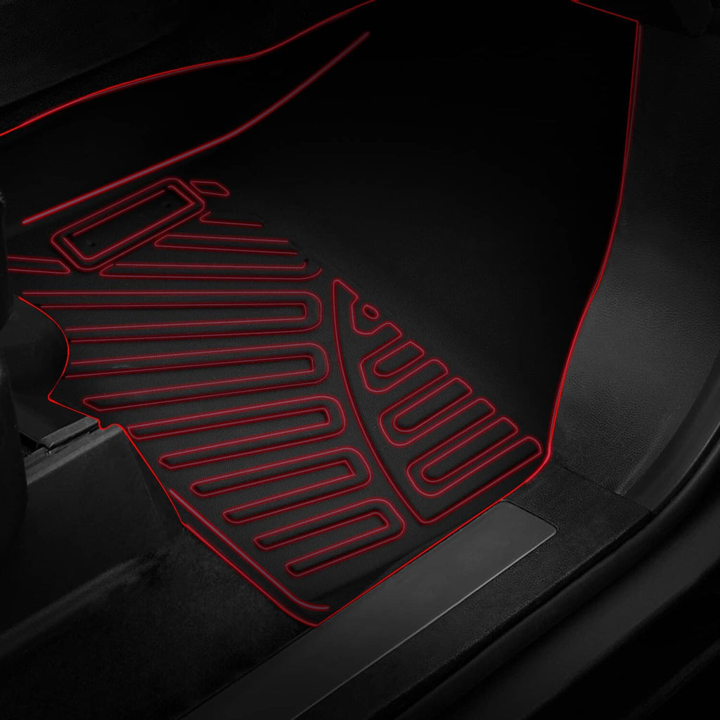 Close-up of black TPE floor mat surface with raised channels and ribbed traction pattern