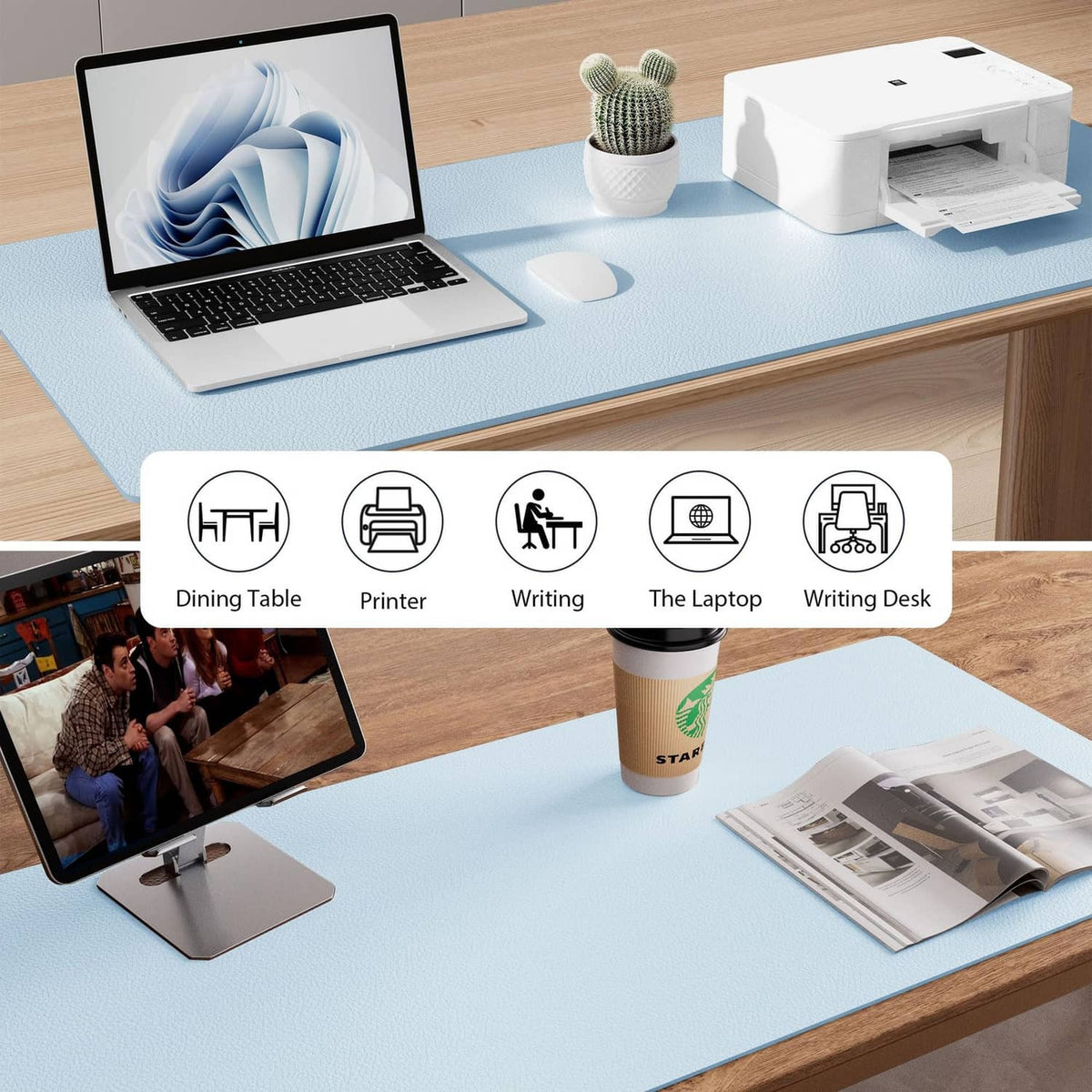 Baby blue desk pad protector on desk with laptop and printer nearby
