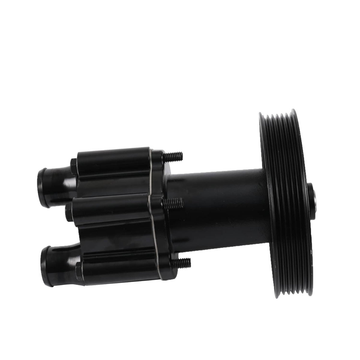 Raw sea water pump with pulley, side view of ribbed pulley and ports