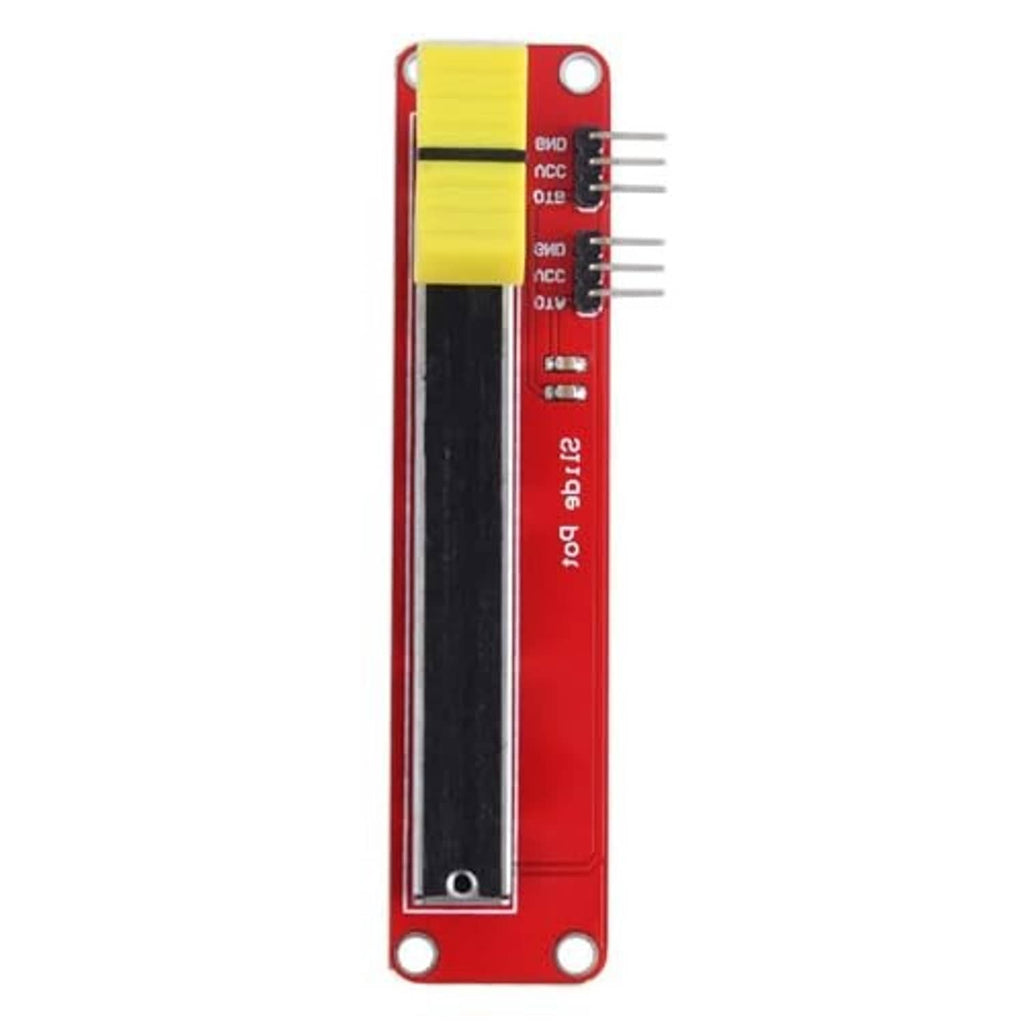 Slide potentiometer module face with yellow knob, black fader track, and pin leads