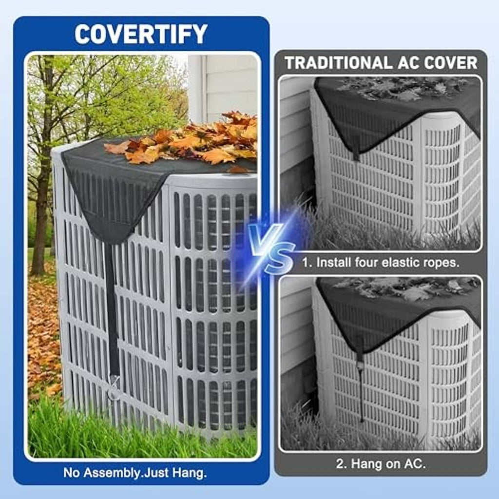 Outdoor AC condenser cover on outdoor unit with elastic ropes for quick hanging