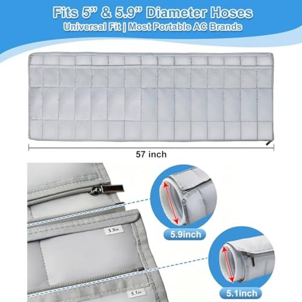 Light gray rectangular padded hose cover with zipper and stitched edge seams